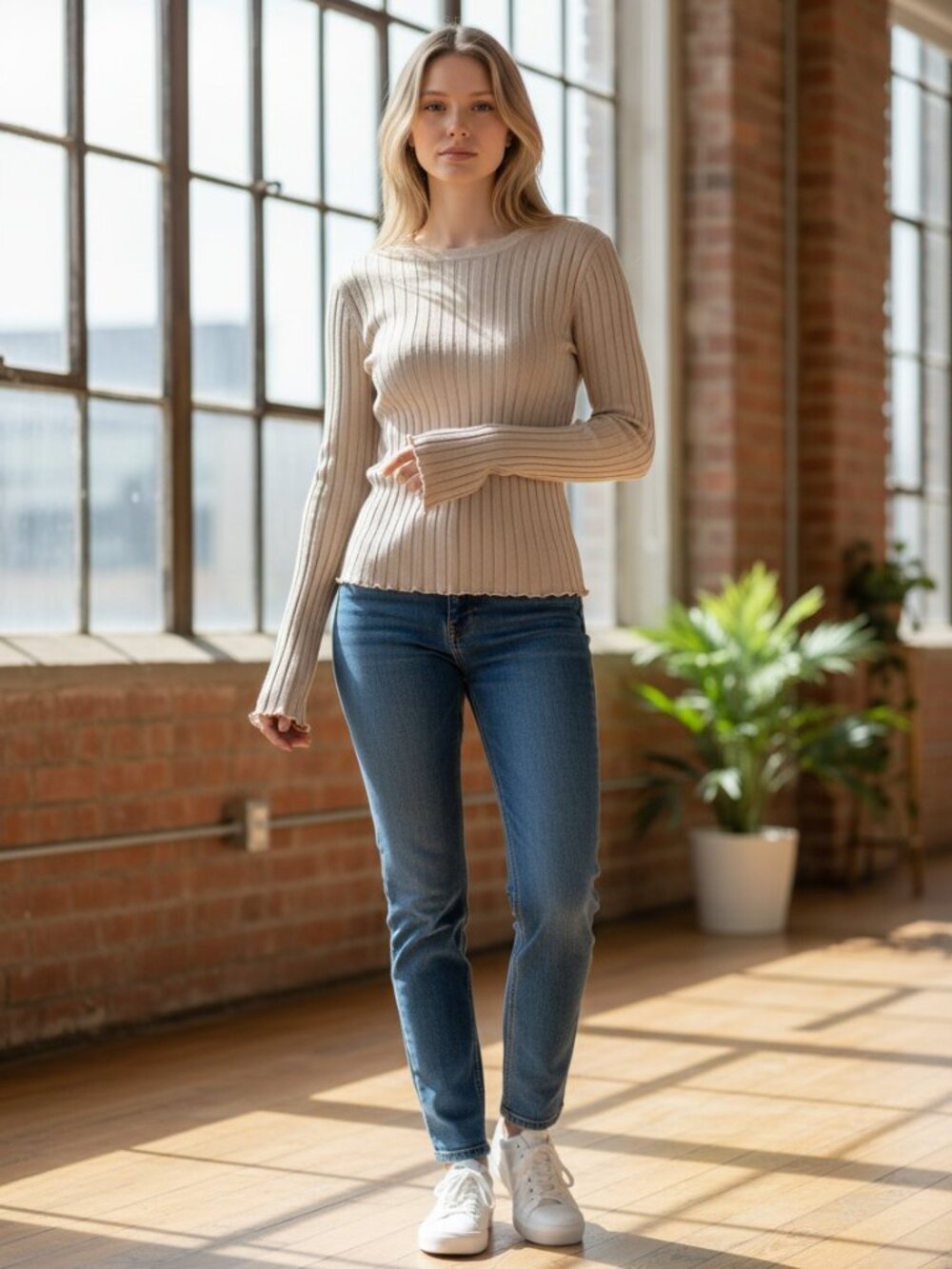 Dissh Donna Ribbed Long Sleeve Knit Top Mock Neck Pullover Tan Size XS